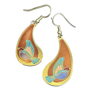 Vintage Bird Enamel Drop Dangle Earrings Gold Tone Flying Birds Drop Shape 2"